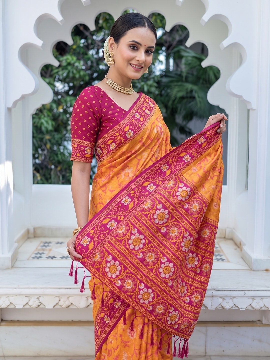 Peachmode Orange Woven Border Silk Saree With Heavy Pallu - Image 5