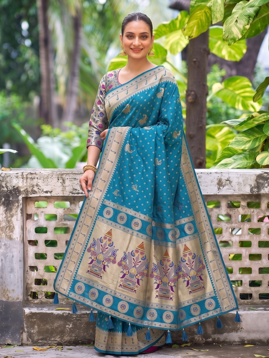 Peachmode Peacock Blue Zari Border Silk Saree With Heavy Pallu - Image 5