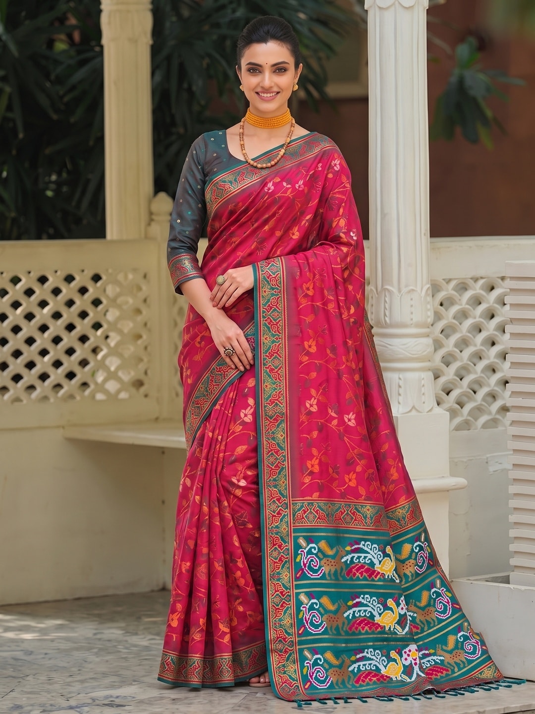 Peachmode Pink Woven Border Silk Saree With Heavy Pallu - Image 1