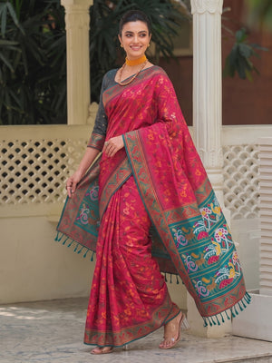 Peachmode Pink Woven Border Silk Saree With Heavy Pallu - Image 2