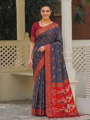 Peachmode Grey Woven Border Silk Saree With Heavy Pallu - Image 1