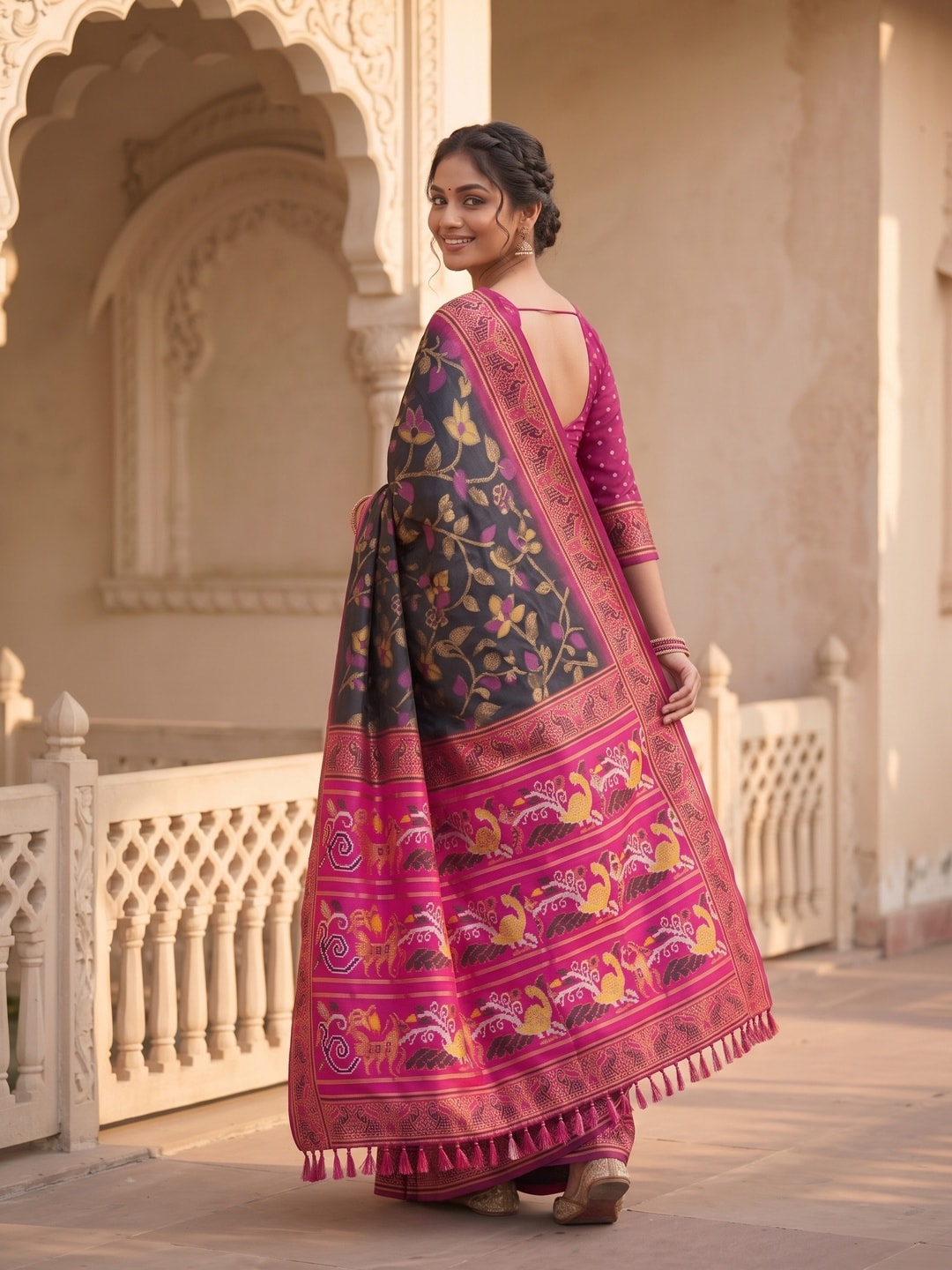 Peachmode Black Woven Border Silk Saree With Heavy Pallu - Image 3