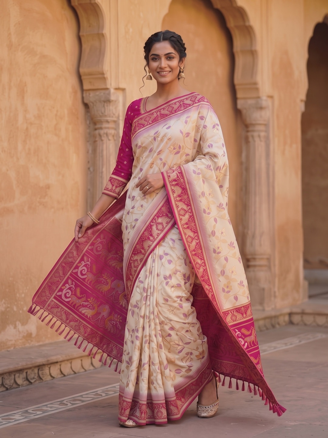 Peachmode White Woven Border Silk Saree With Heavy Pallu - Image 4