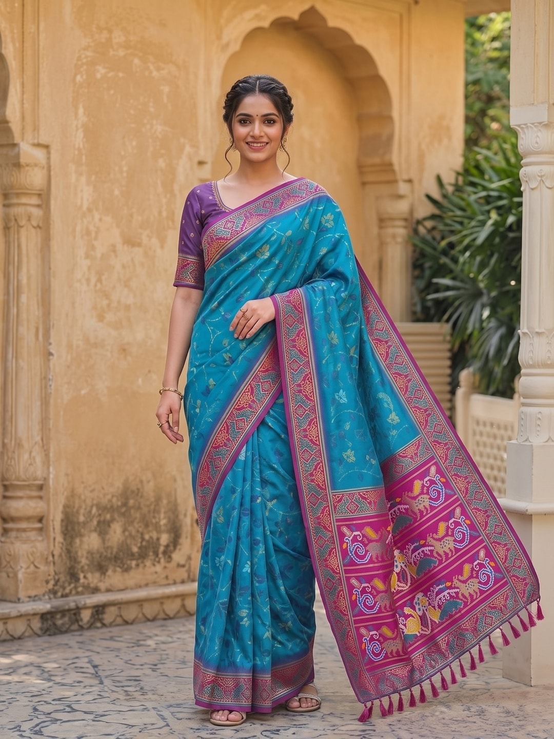 Peachmode Sky Blue Woven Border Silk Saree With Heavy Pallu - Image 1
