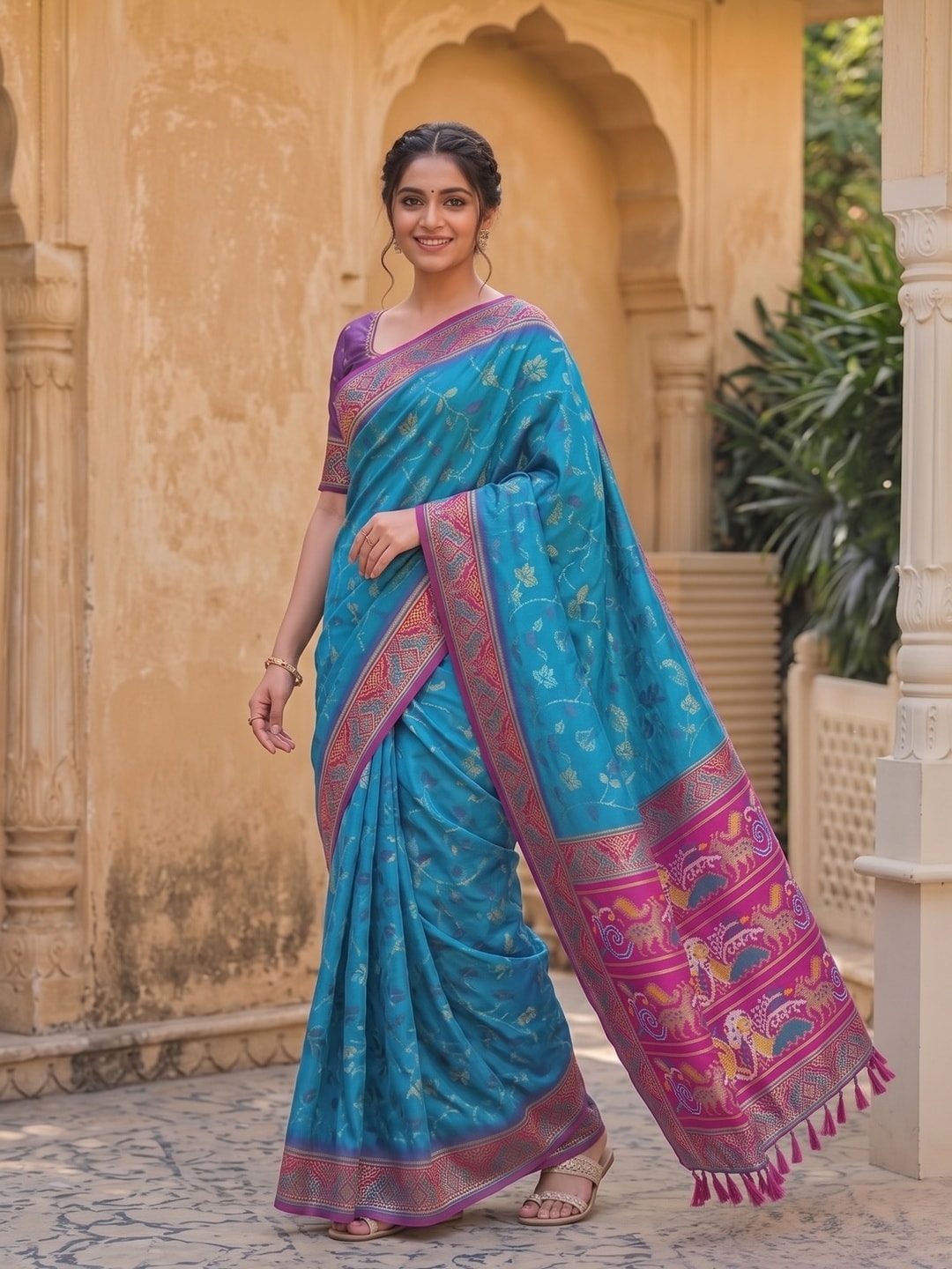 Peachmode Sky Blue Woven Border Silk Saree With Heavy Pallu - Image 2