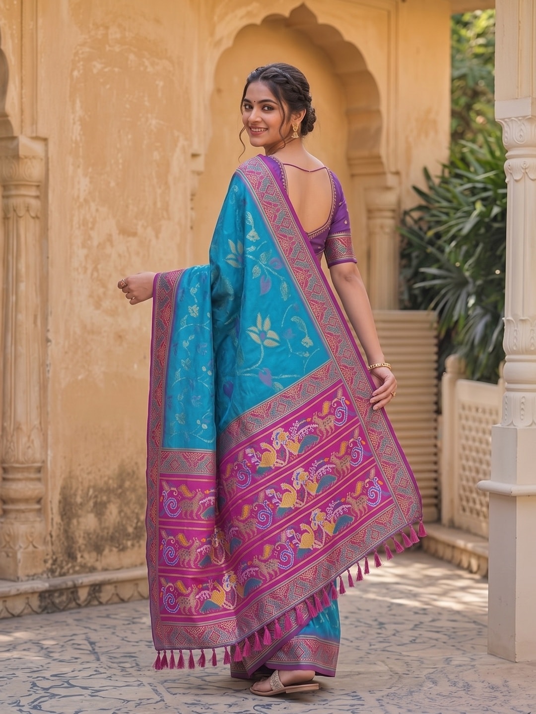 Peachmode Sky Blue Woven Border Silk Saree With Heavy Pallu - Image 3