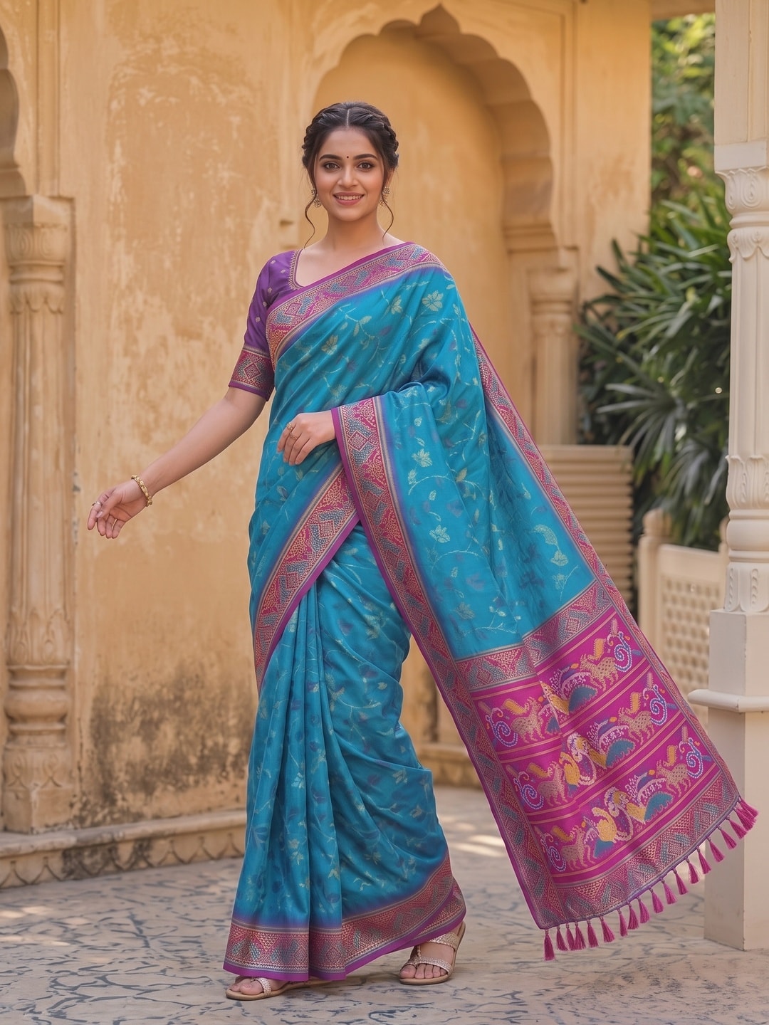 Peachmode Sky Blue Woven Border Silk Saree With Heavy Pallu - Image 4