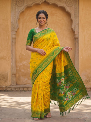 Peachmode Yellow Woven Border Silk Saree With Heavy Pallu - Image 1
