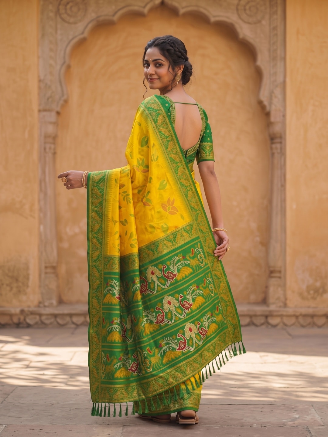 Peachmode Yellow Woven Border Silk Saree With Heavy Pallu - Image 3