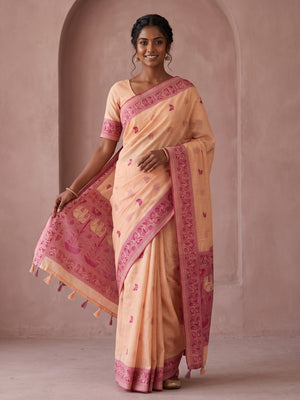 Peachmode Peach Soft Cotton Saree With Jamdani Style Butterfly Weaving - Image 1