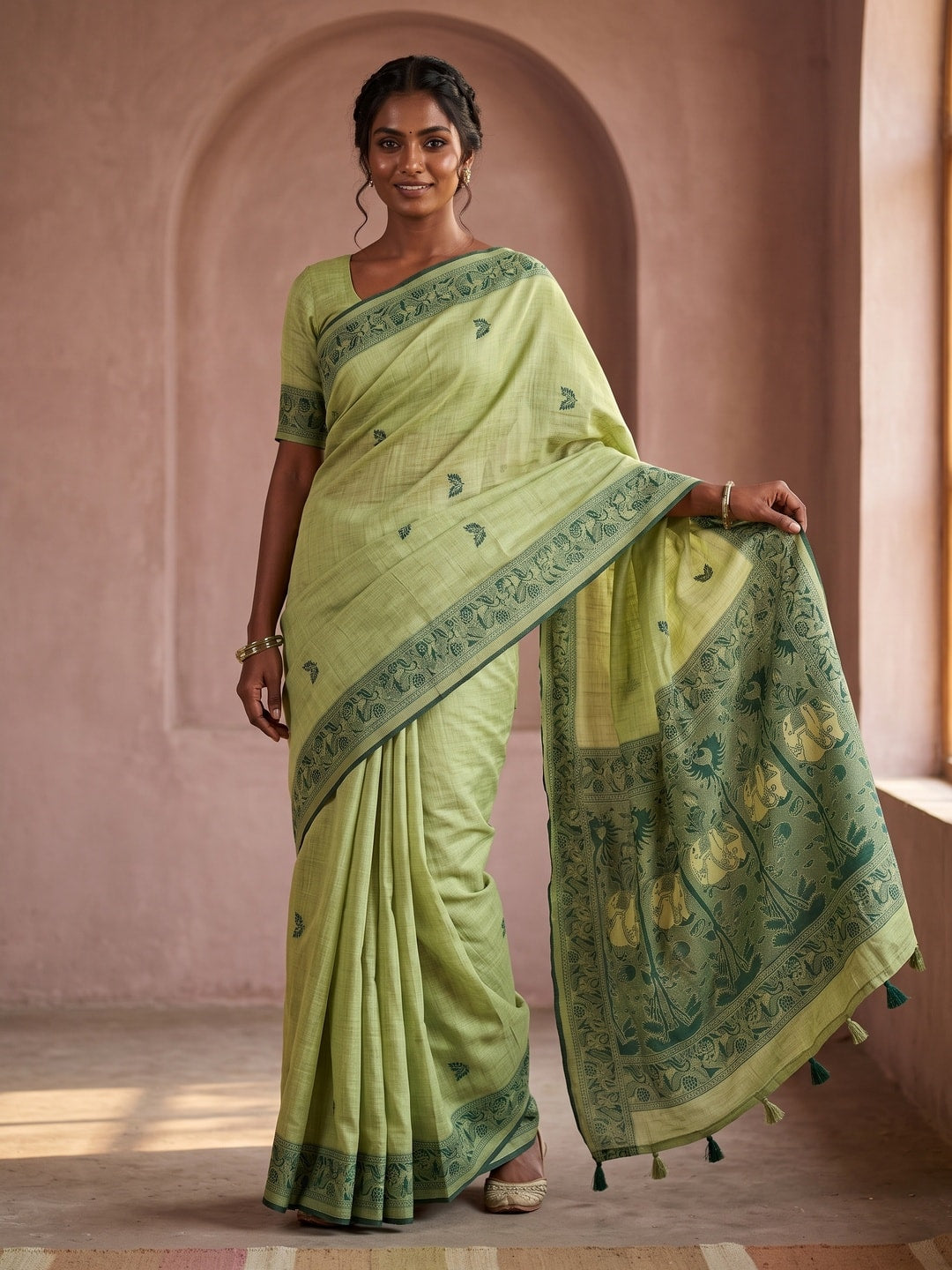 Peachmode Light Green Soft Cotton Saree With Jamdani Style Butterfly Weaving - Image 1