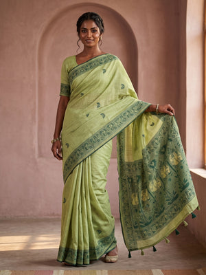 Peachmode Light Green Soft Cotton Saree With Jamdani Style Butterfly Weaving - Image 1