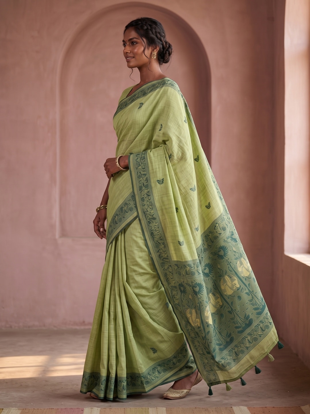 Peachmode Light Green Soft Cotton Saree With Jamdani Style Butterfly Weaving - Image 3