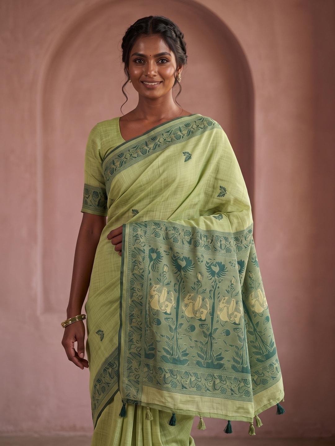 Peachmode Light Green Soft Cotton Saree With Jamdani Style Butterfly Weaving - Image 4