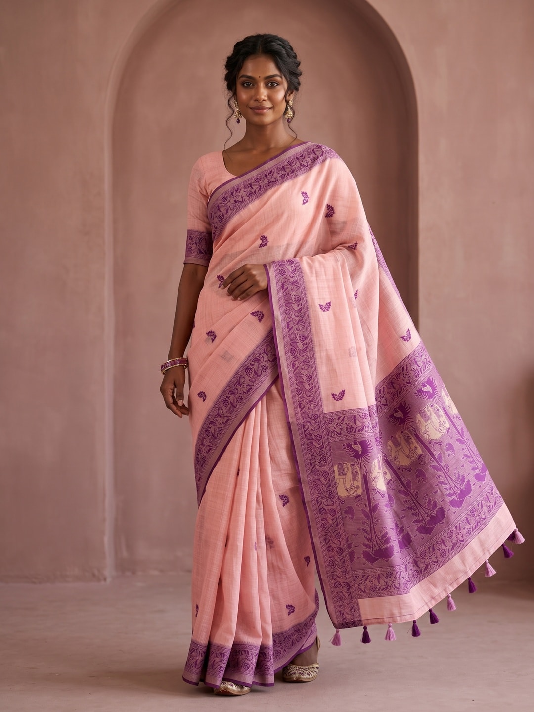 Peachmode Pink Soft Cotton Saree With Jamdani Style Butterfly Weaving - Image 1