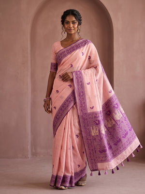 Peachmode Pink Soft Cotton Saree With Jamdani Style Butterfly Weaving - Image 1