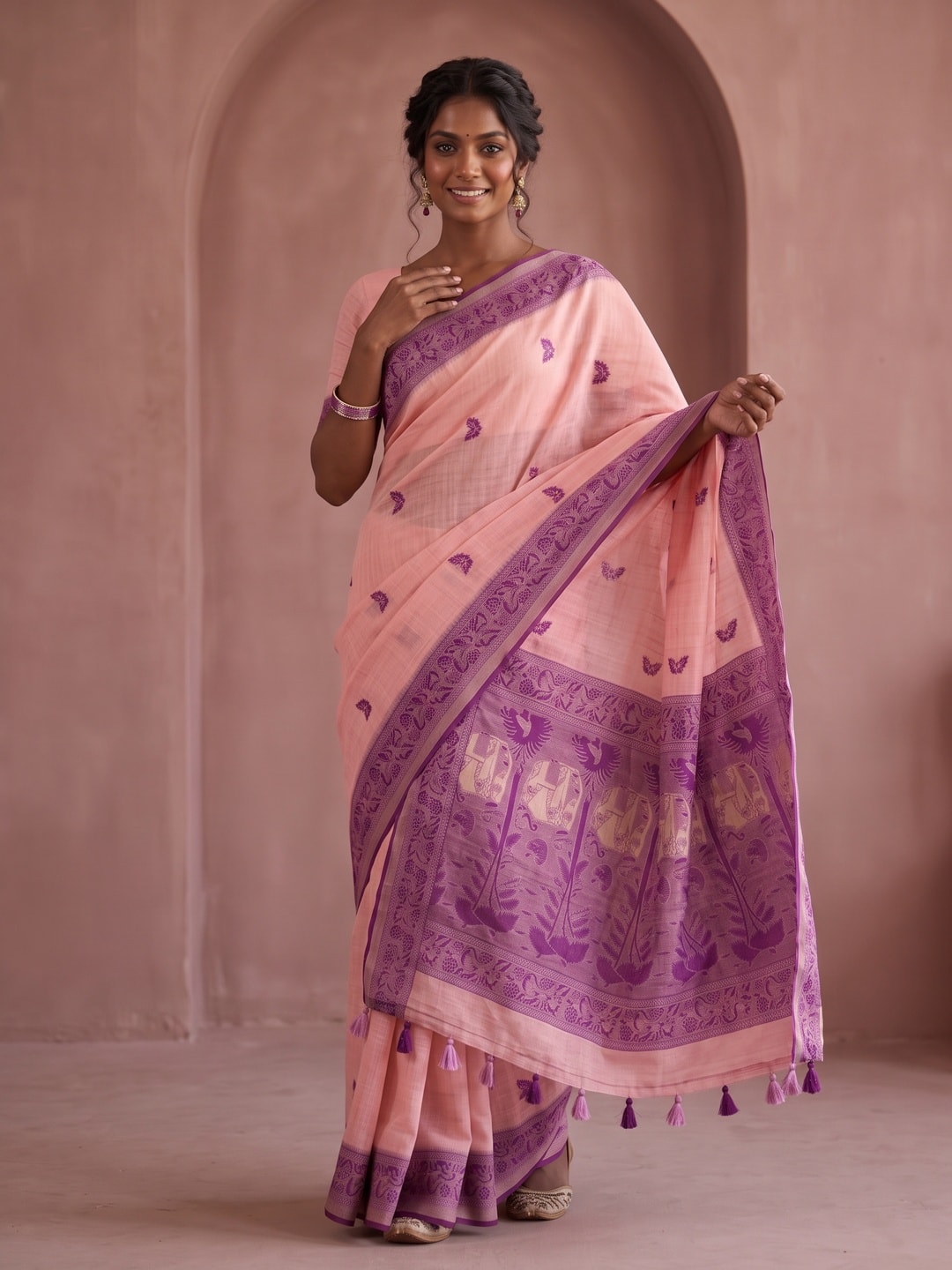 Peachmode Pink Soft Cotton Saree With Jamdani Style Butterfly Weaving - Image 5