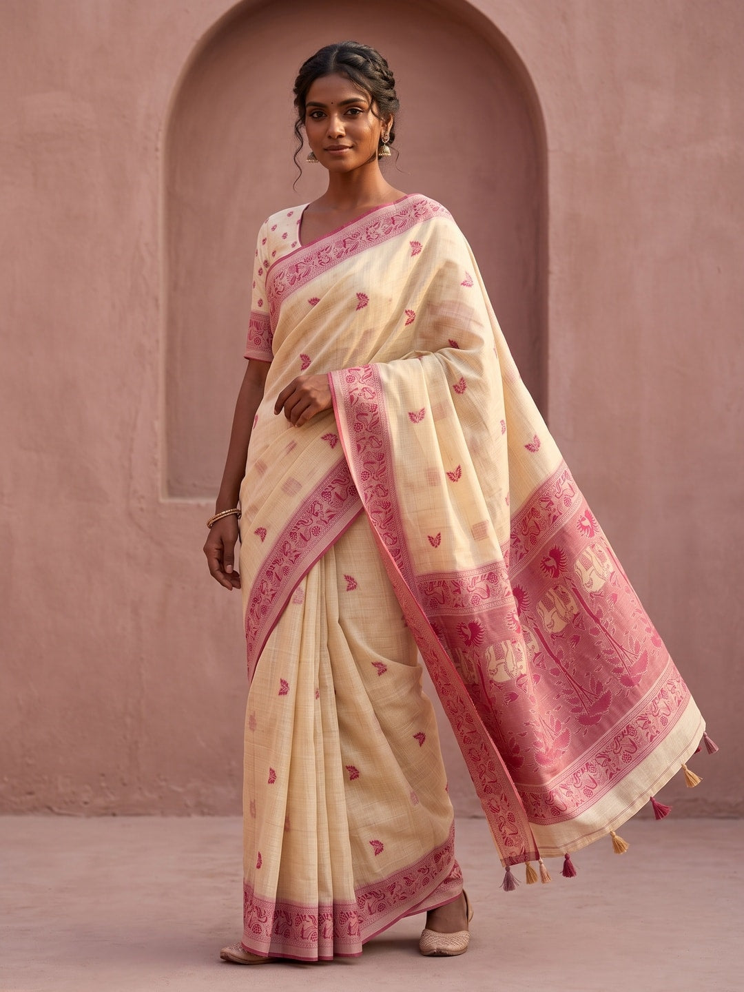 Peachmode Cream Soft Cotton Saree With Jamdani Style Butterfly Weaving - Image 1