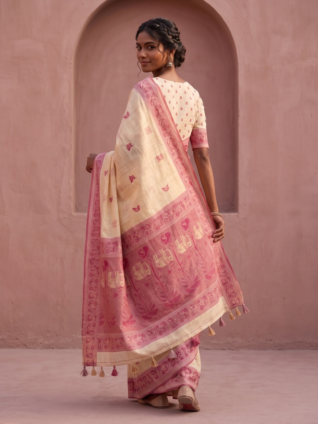Peachmode Cream Soft Cotton Saree With Jamdani Style Butterfly Weaving - Image 2