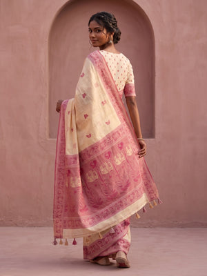 Peachmode Cream Soft Cotton Saree With Jamdani Style Butterfly Weaving - Image 2