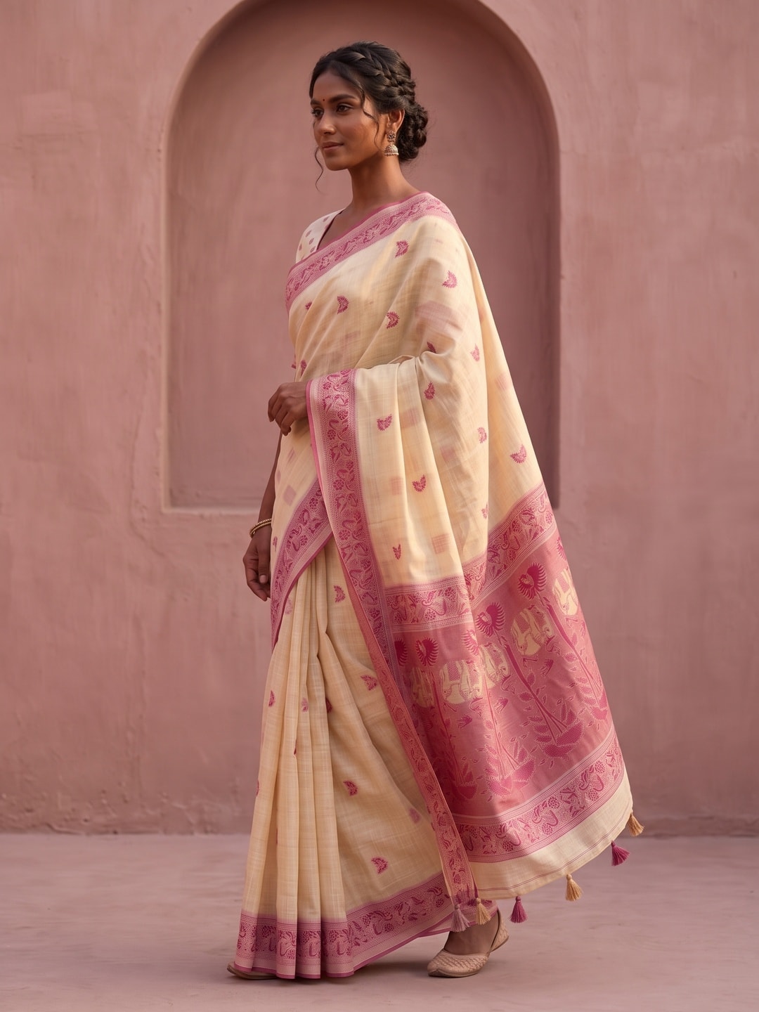 Peachmode Cream Soft Cotton Saree With Jamdani Style Butterfly Weaving - Image 3