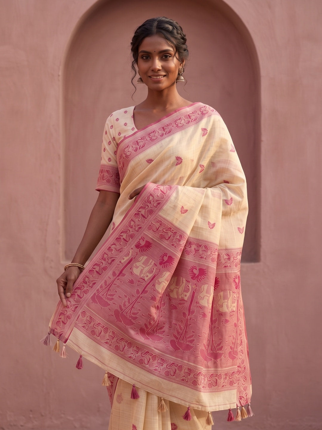 Peachmode Cream Soft Cotton Saree With Jamdani Style Butterfly Weaving - Image 4