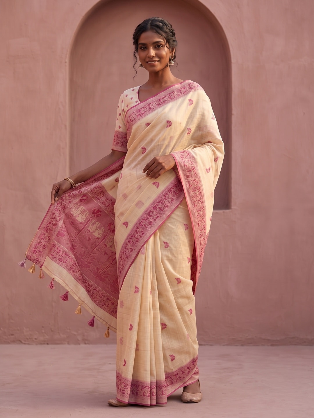 Peachmode Cream Soft Cotton Saree With Jamdani Style Butterfly Weaving - Image 5
