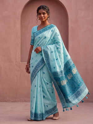 Peachmode Sky Blue Soft Cotton Saree With Jamdani Style Butterfly Weaving - Image 1