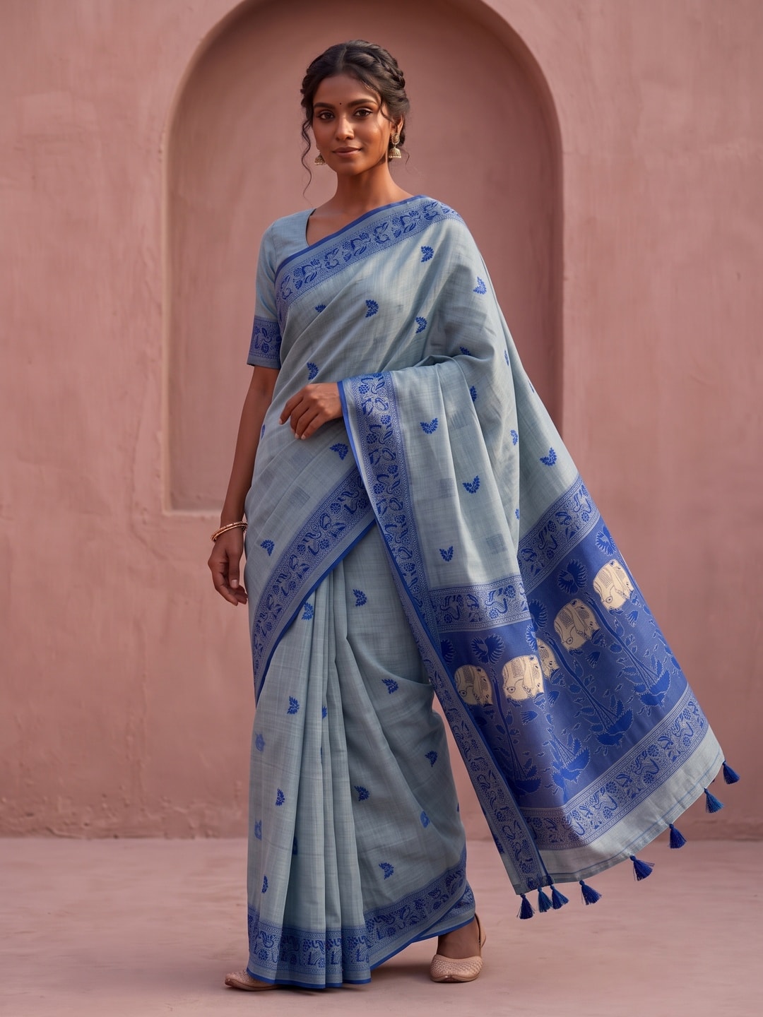 Peachmode Grey Soft Cotton Saree With Jamdani Style Butterfly Weaving - Image 1