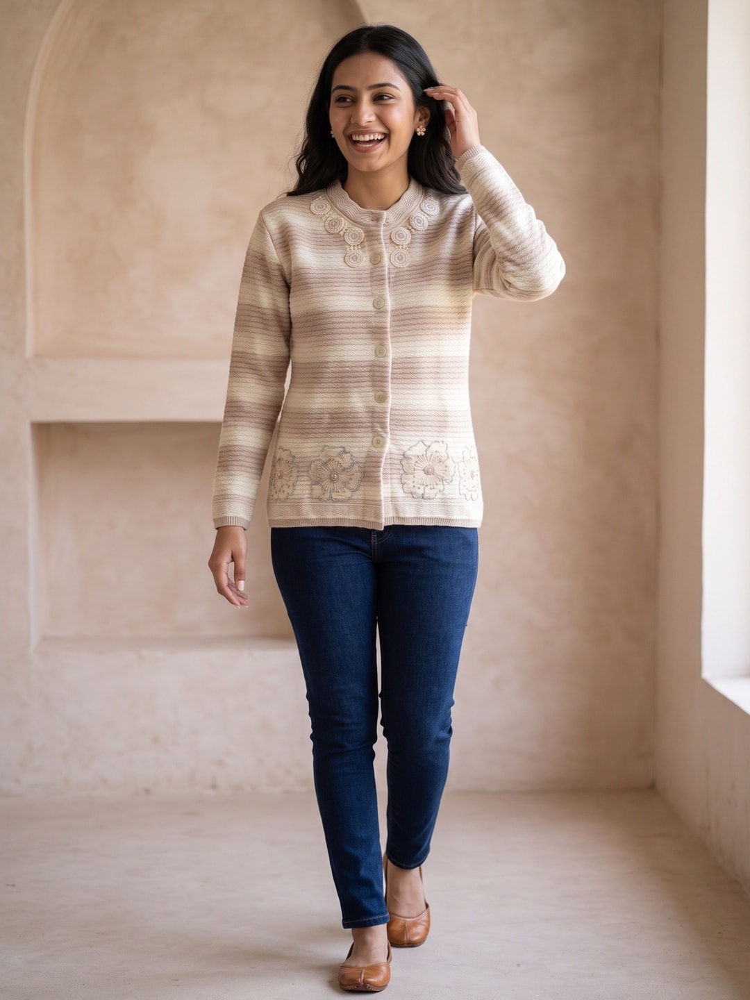 Peachmode Beige Striped Floral Embroidered Woolen Cardigan - Image 2