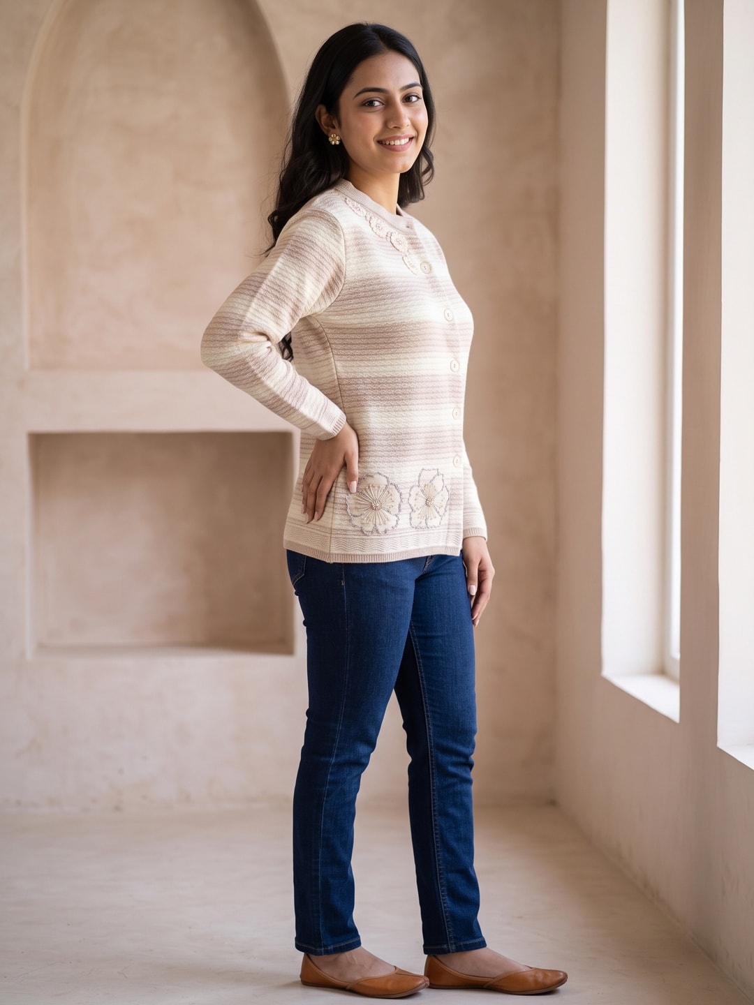 Peachmode Beige Striped Floral Embroidered Woolen Cardigan - Image 3