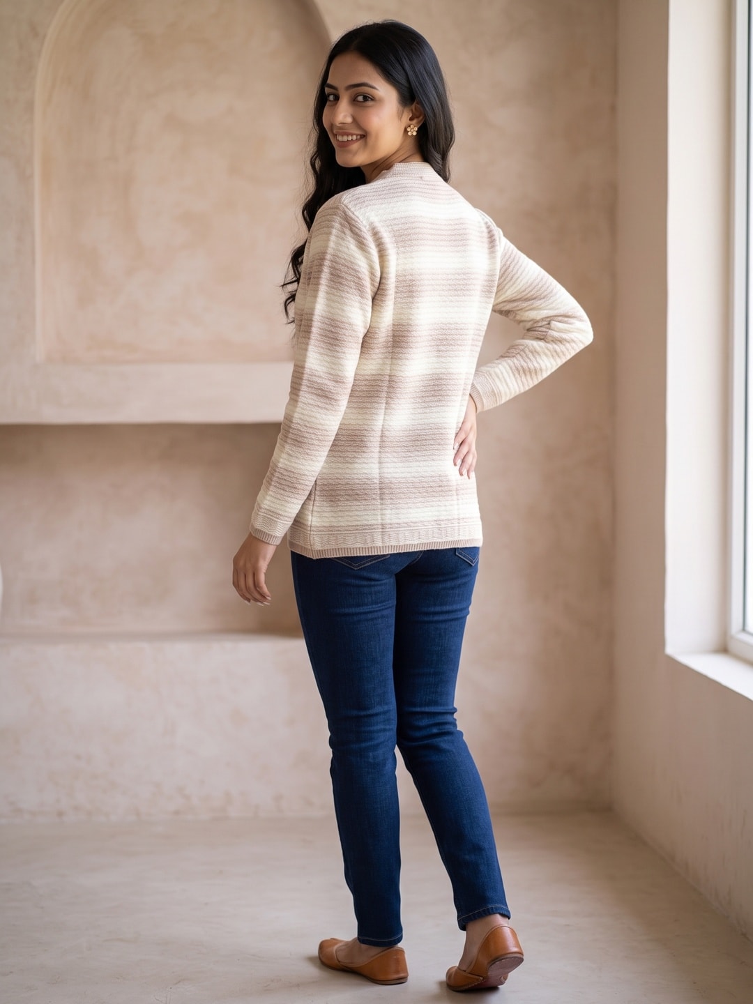 Peachmode Beige Striped Floral Embroidered Woolen Cardigan - Image 4