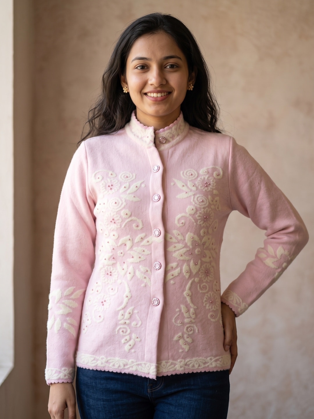 Peachmode Pink Floral Jacquard Pearl Woolen Cardigan - Image 1