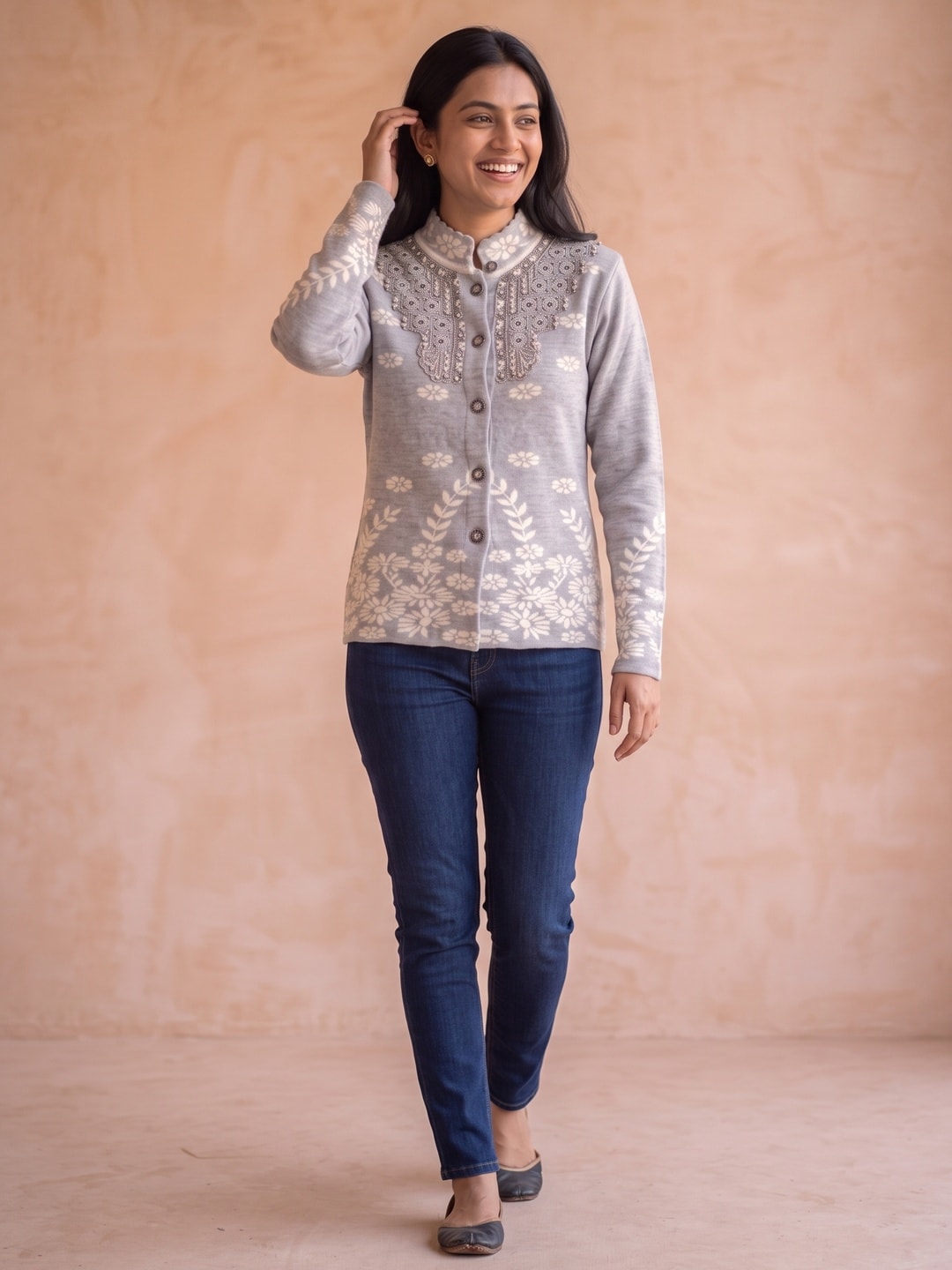 Peachmode Grey Floral Jacquard Beaded Yoke Woolen Cardigan - Image 2