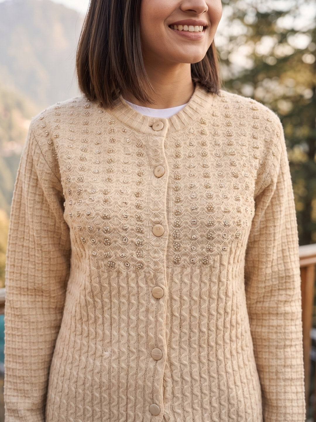 Peachmode Beige Woolen Cardigan - Image 5