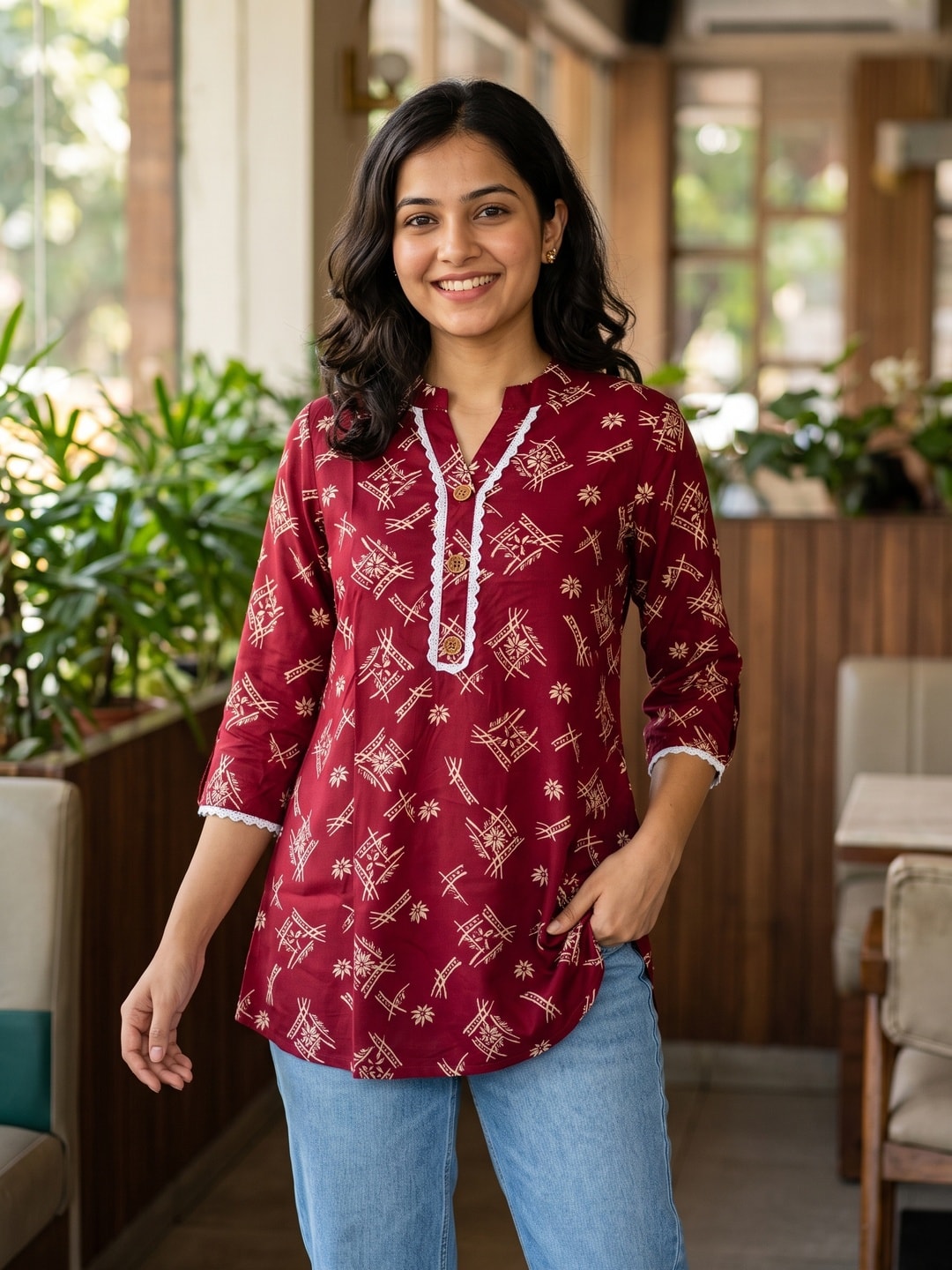 Peachmode Red Rayon Abstract Printed Short Top - Image 1