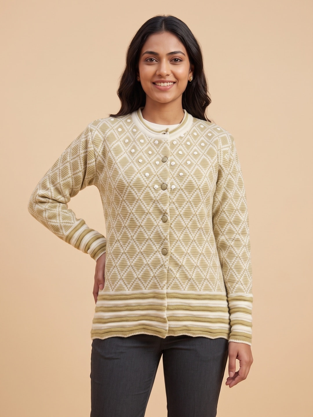 Peachmode Cream Woolen Cardigan - Image 1