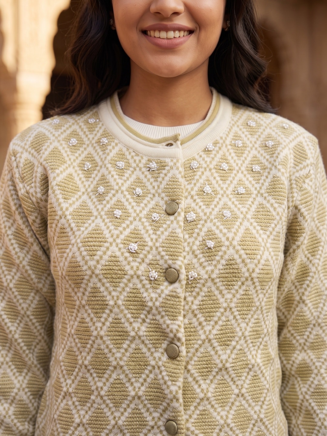 Peachmode Cream Woolen Cardigan - Image 4