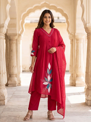 Peachmode Red Mul Chanderi Pintuck Salwar Suit with Applique Leaf Motifs - Image 1