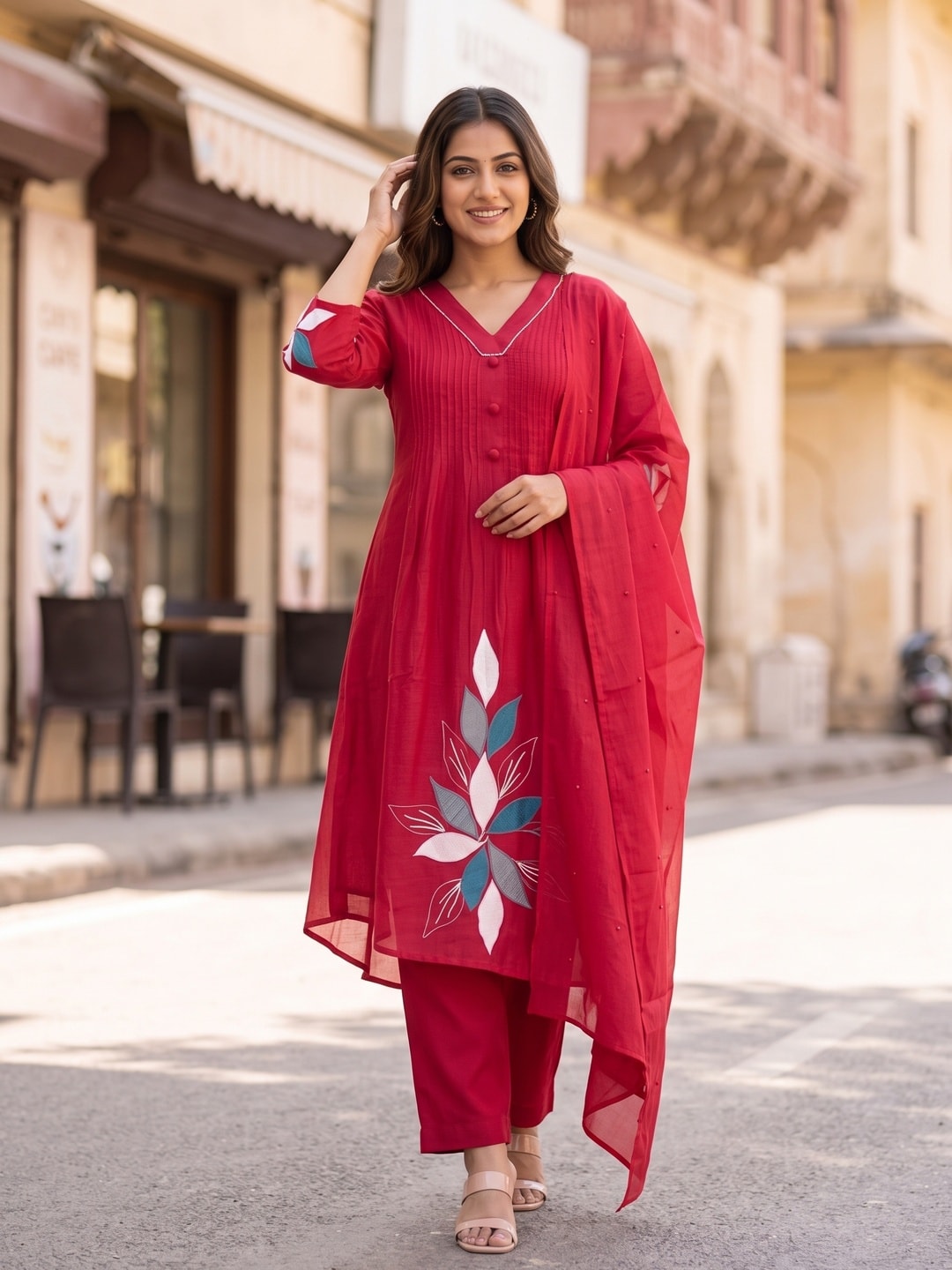Peachmode Red Mul Chanderi Pintuck Salwar Suit with Applique Leaf Motifs - Image 2
