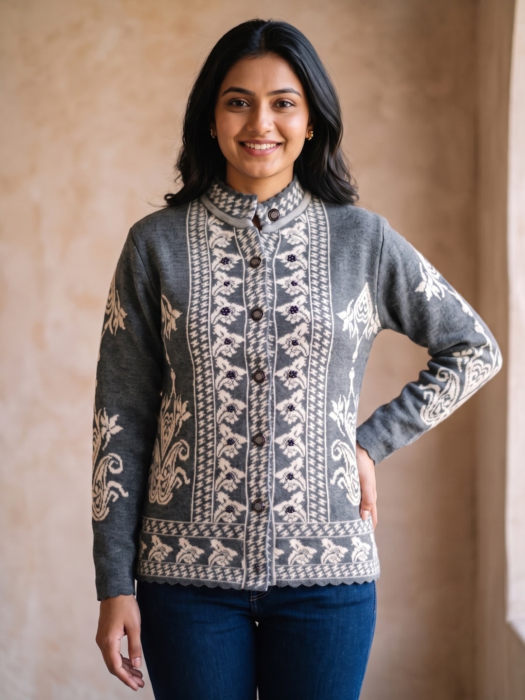 Peachmode Grey Ethnic Jacquard Woolen Cardigan - Image 1