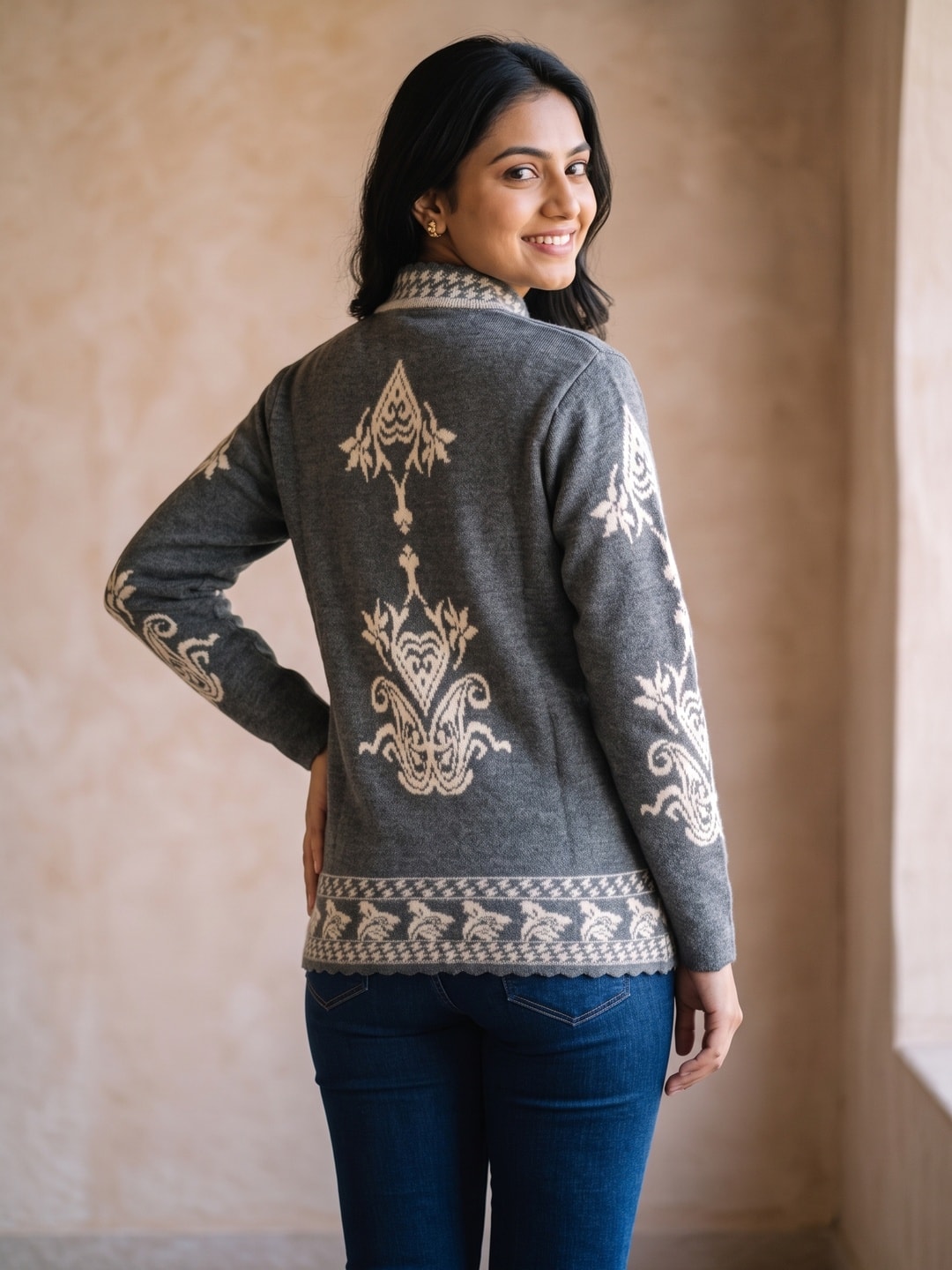 Peachmode Grey Ethnic Jacquard Woolen Cardigan - Image 2