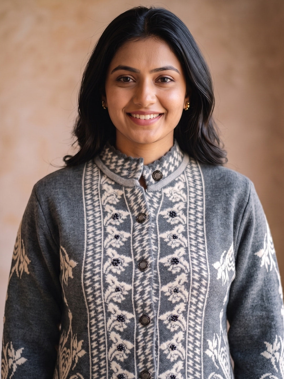 Peachmode Grey Ethnic Jacquard Woolen Cardigan - Image 3