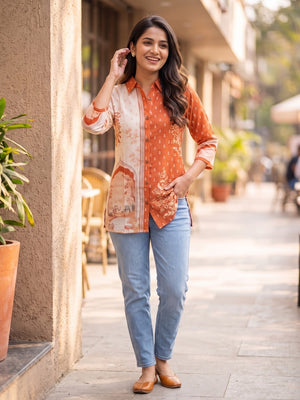 Peachmode Orange Muslin Floral Printed Shirt - Image 2