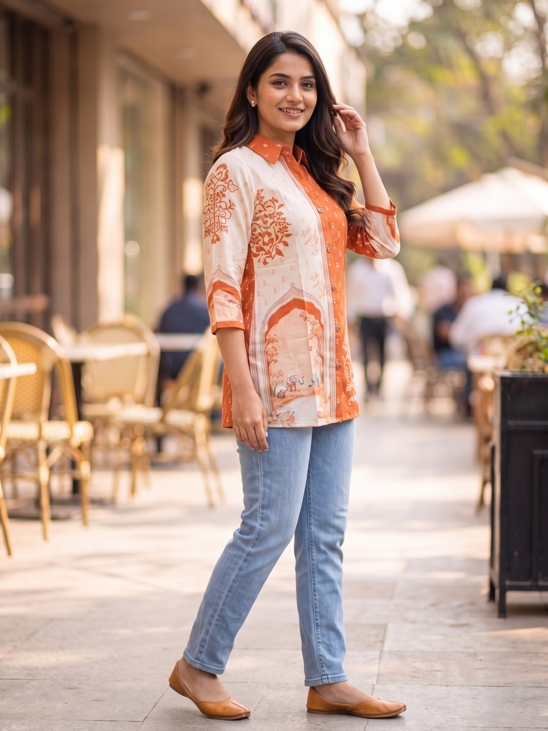 Peachmode Orange Muslin Floral Printed Shirt - Image 3