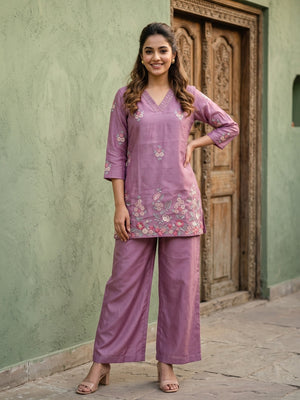 Peachmode Mauve Mul Chanderi Floral Embroidered Co-ord Set - Image 1