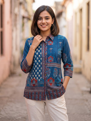 Peachmode Blue Muslin Ajrakh Printed Shirt - Image 1