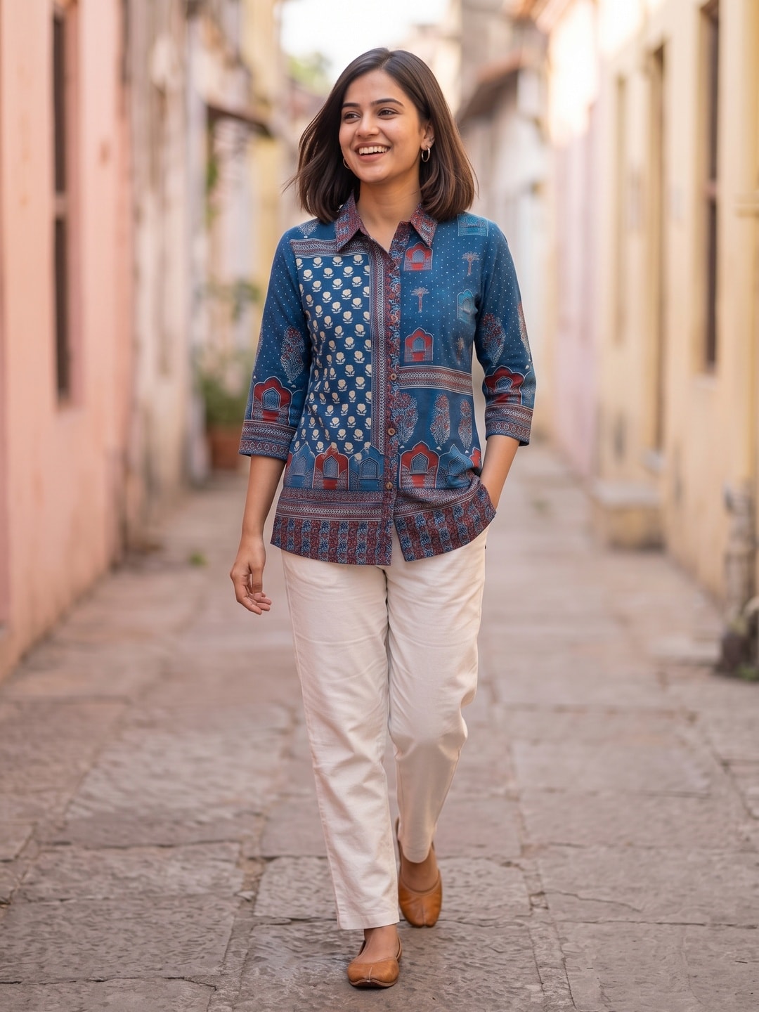 Peachmode Blue Muslin Ajrakh Printed Shirt - Image 2