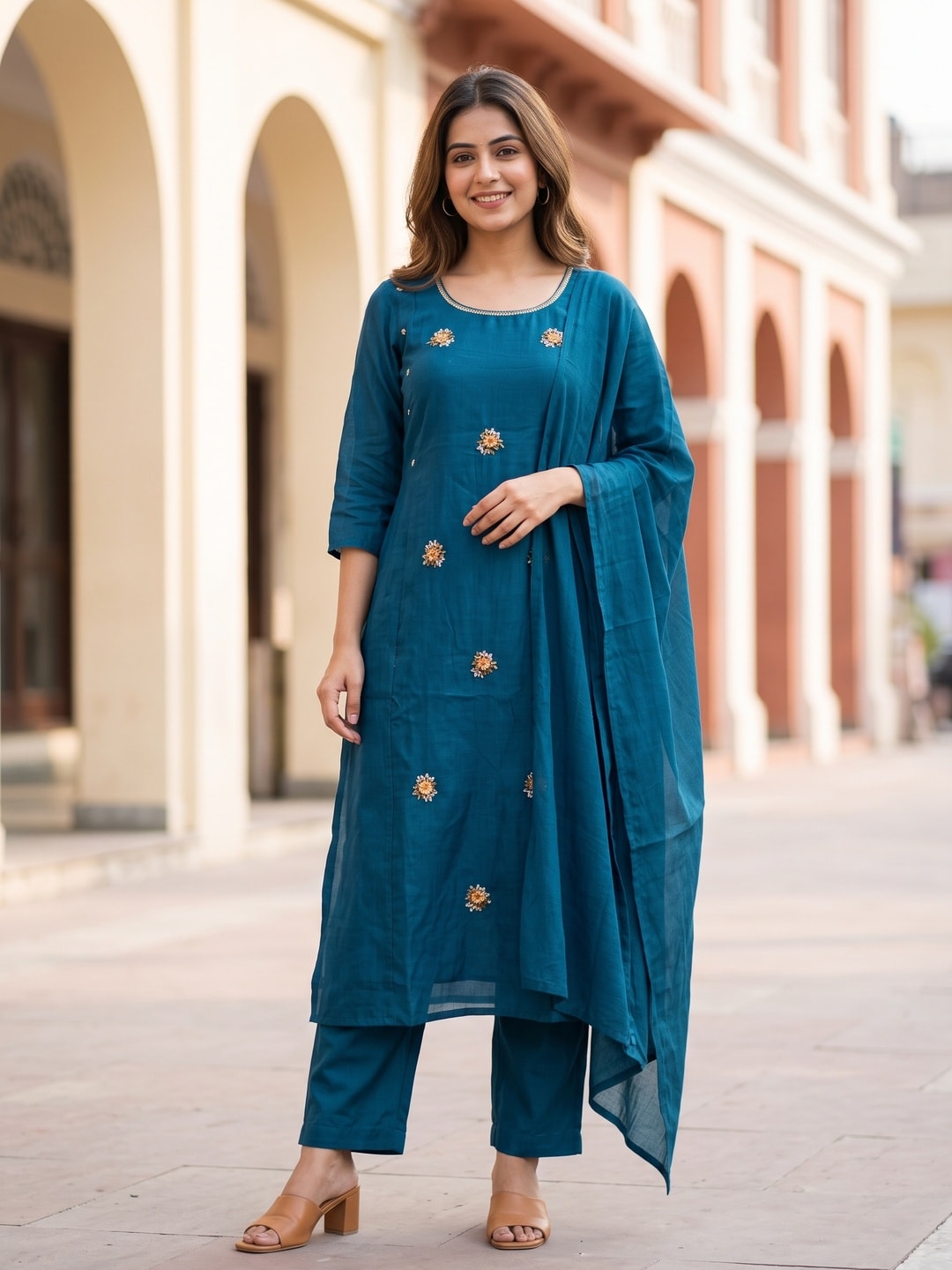 Peachmode Blue Mul Chanderi Embroidered Salwar Suit - Image 1