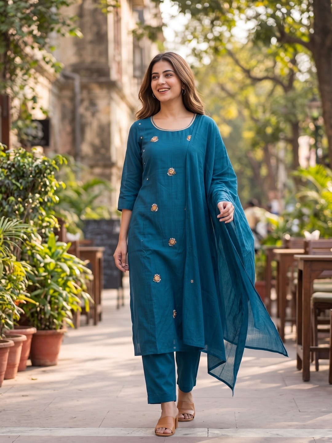 Peachmode Blue Mul Chanderi Embroidered Salwar Suit - Image 2